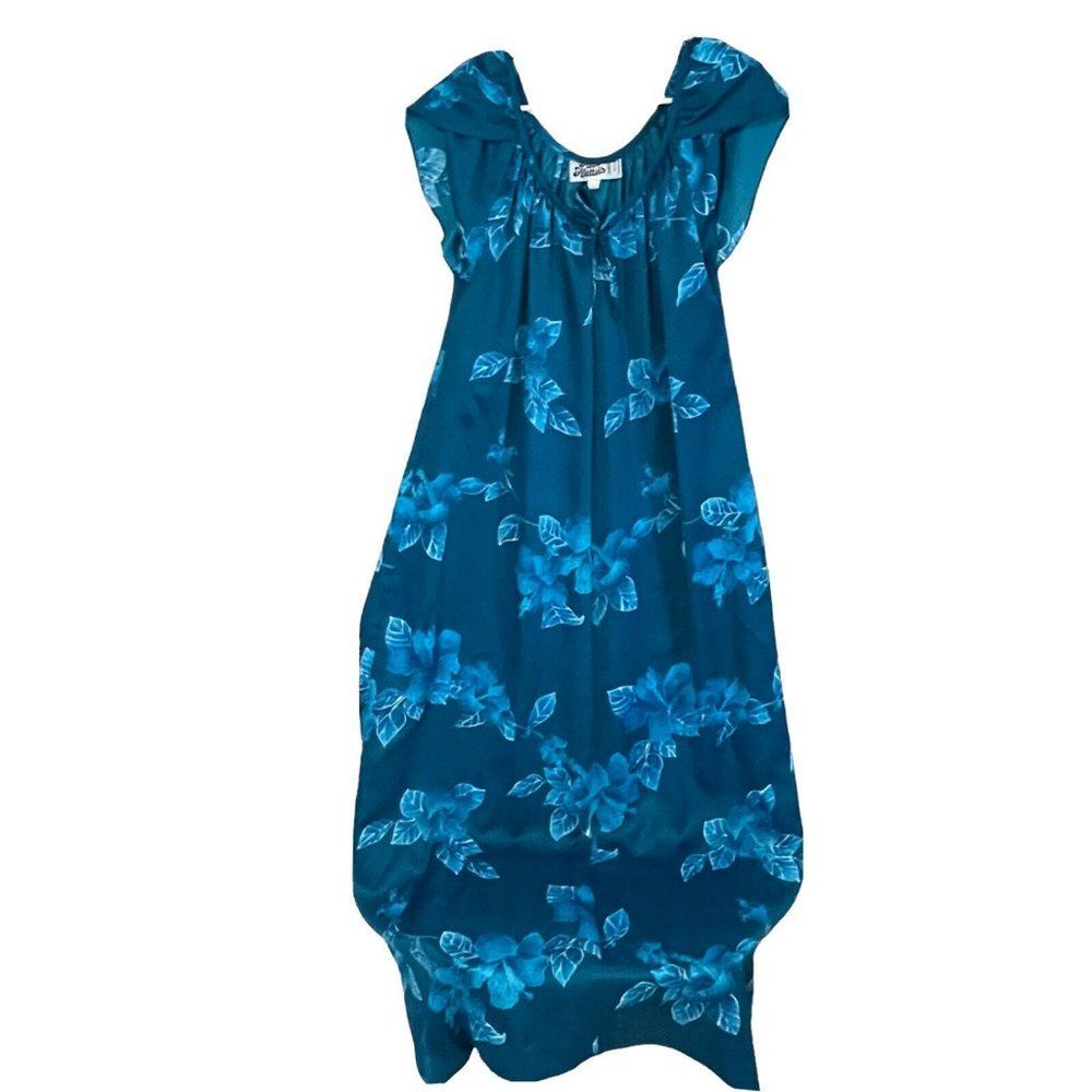 VTG Hilo Hattie women's Medium Hawaiian BLUE hibiscus floral mumu house dress